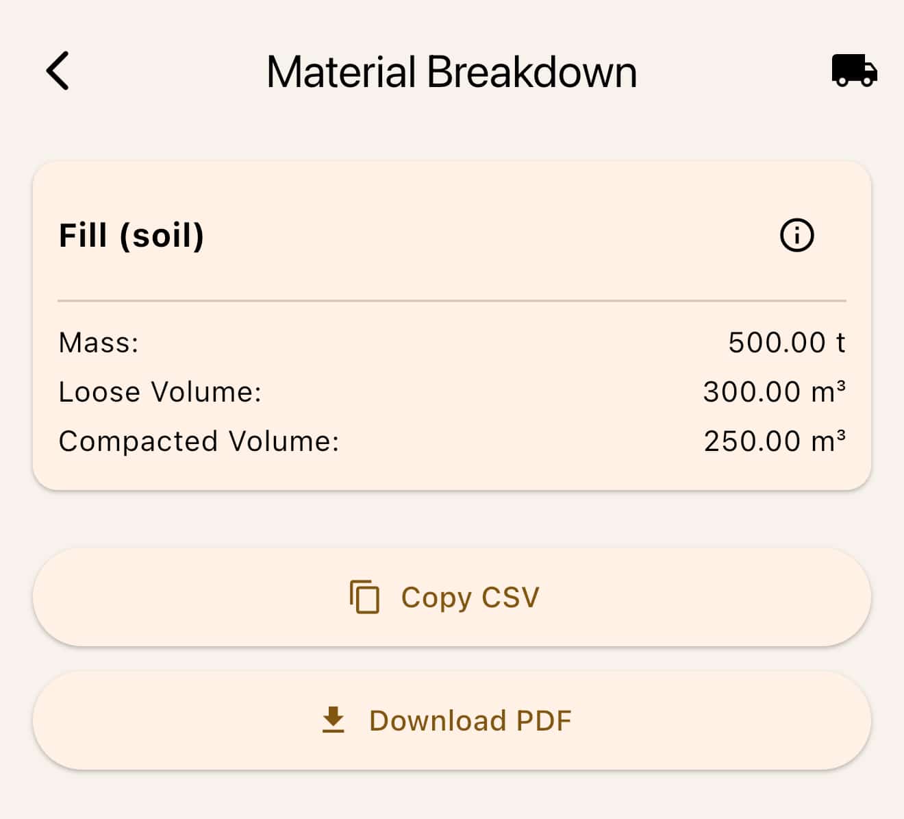 Material breakdown for fill, with mass, loose volume, compacted volume, and export buttons.