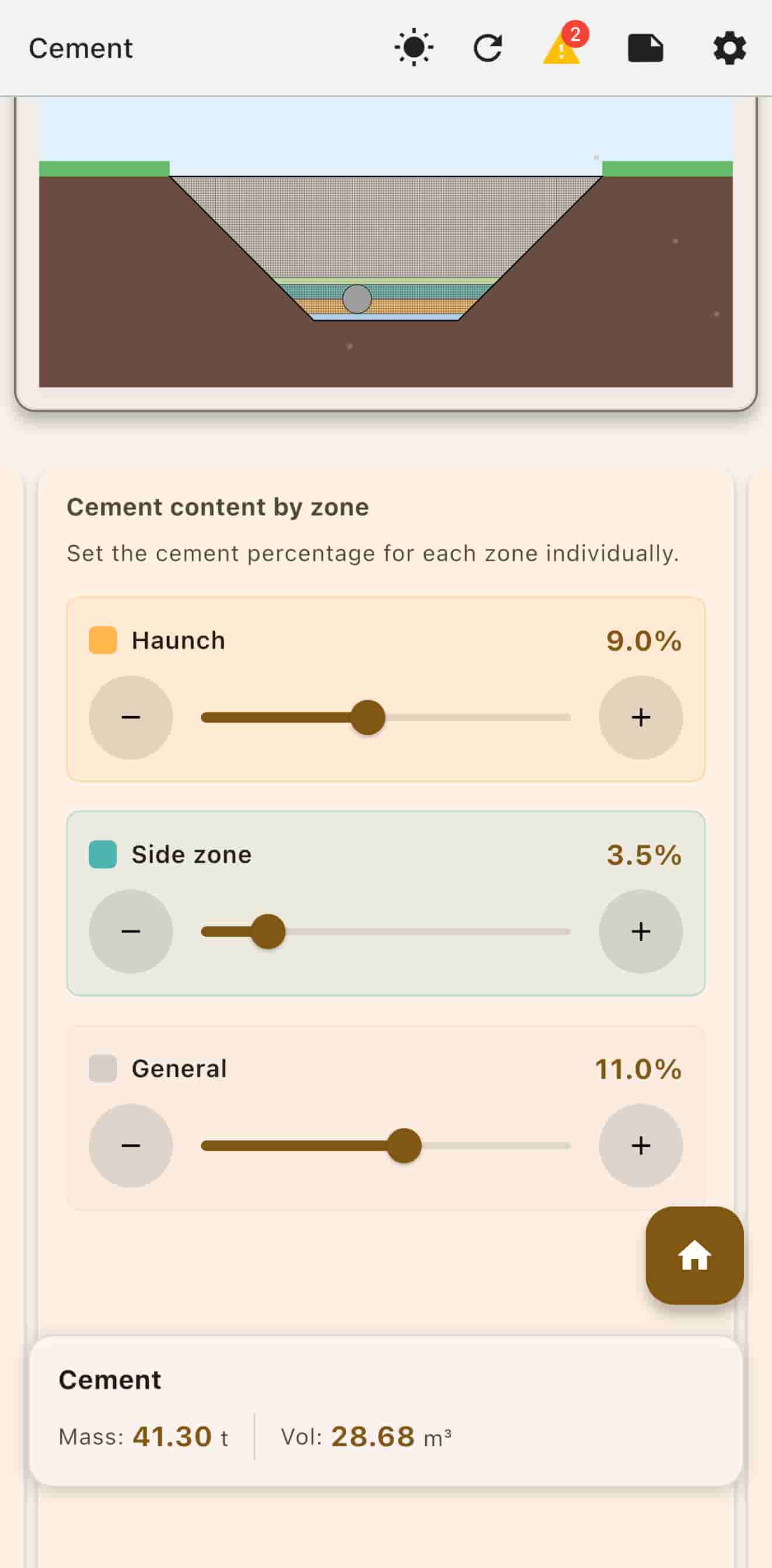 Cement tab with a percentage slider for each zone and the cement mass and volume.