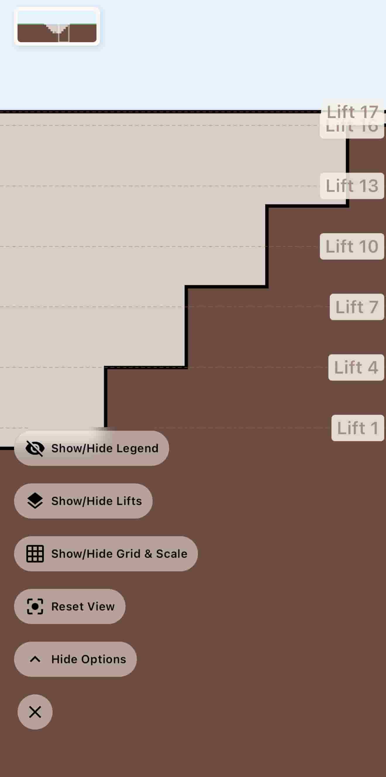 Trench diagram with lift numbers and controls for the legend, grid, and scale.