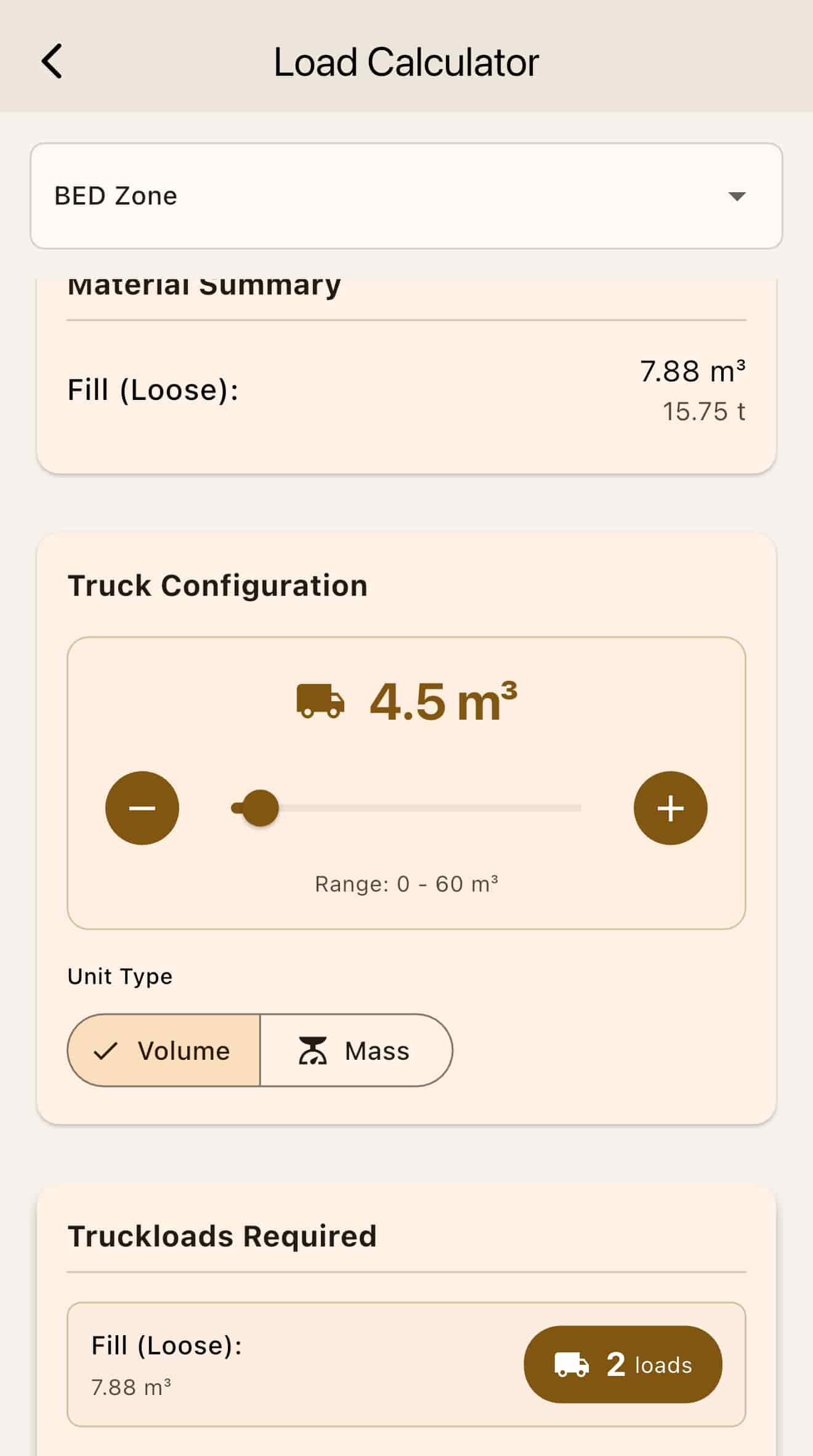 Truck load calculator for moving the trench volume.