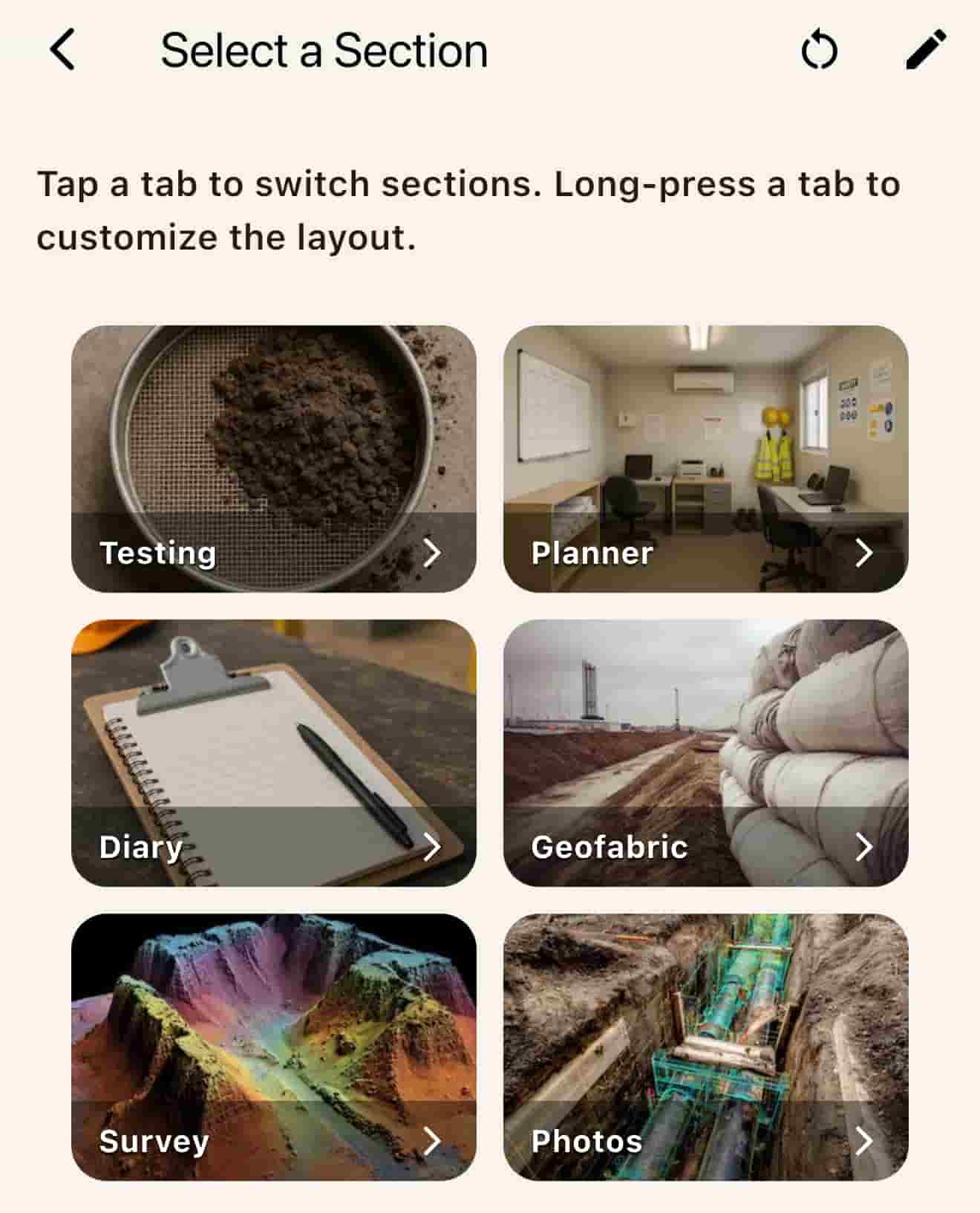 Section picker with Testing, Planner, Diary, Geofabric, Survey, and Photos.