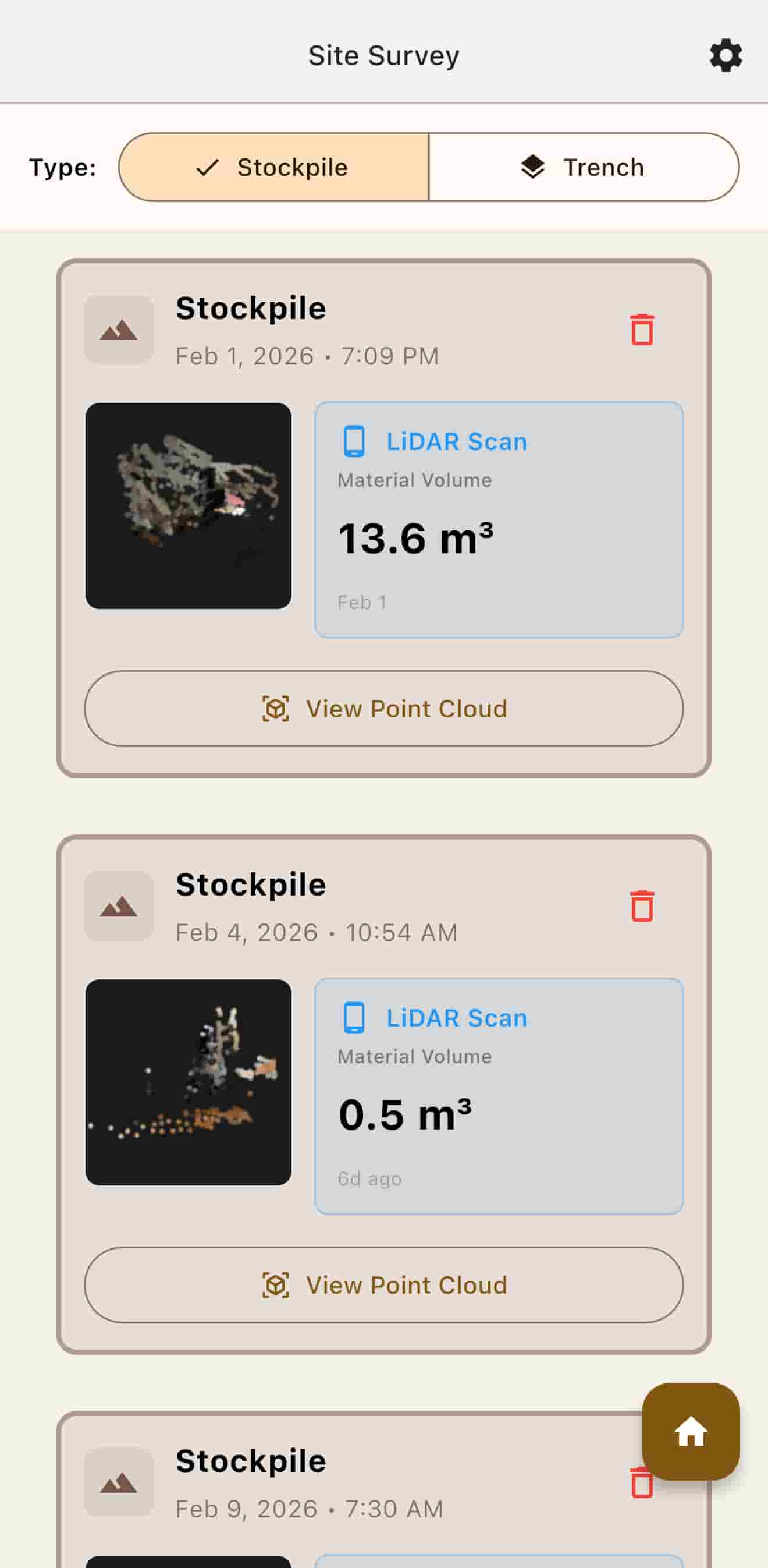 Site Survey list of LiDAR stockpile scans and their volumes.