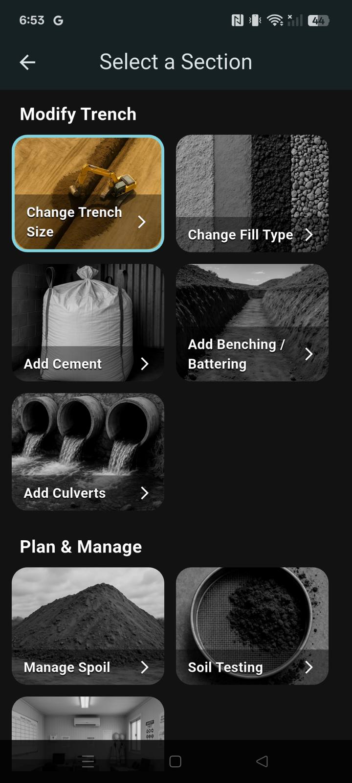 Home screen with trench size, fill, cement, walls, culverts, spoil, and soil testing.