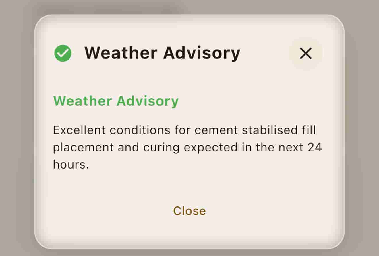 Weather advisory on the cement tab.