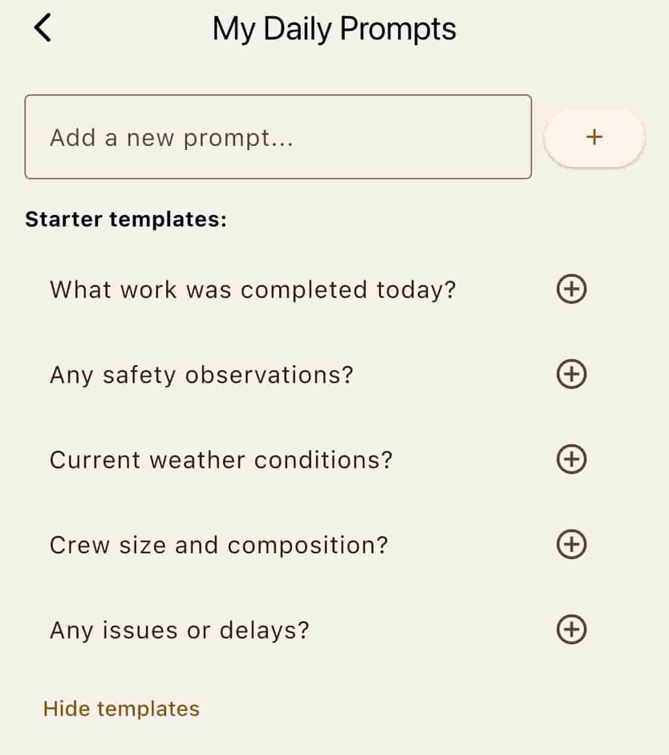Optional setup prompts for Site Diary